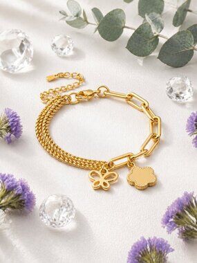 18K Gold Double Chain Butterfly Flower Charm Bracelet Coquette Old Money